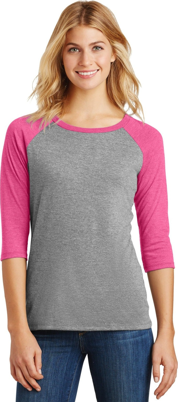 Front View of Fuchsia Fr/GyF District Women's Perfect Tri 3/4-Sleeve Raglan. DM136L