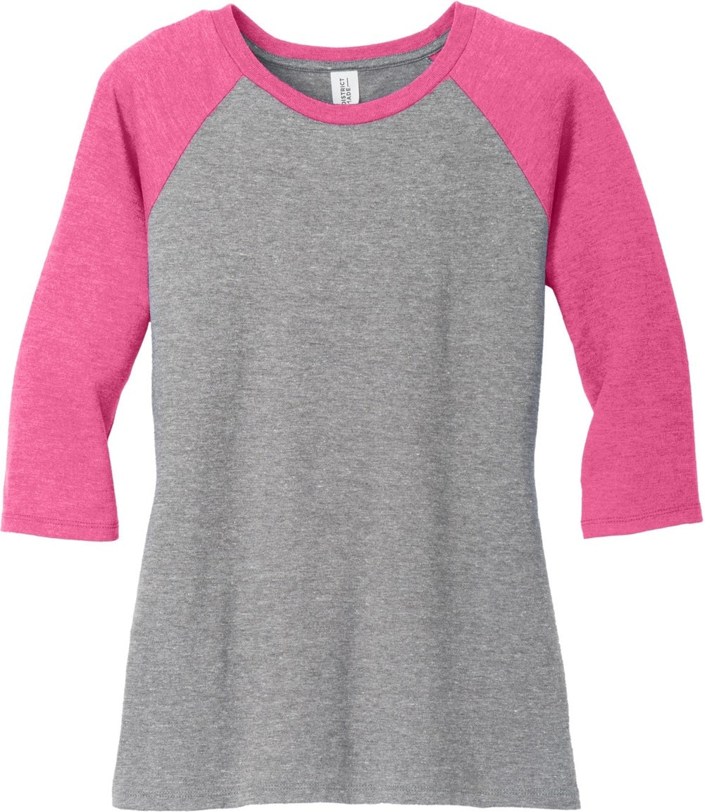Front View of Fuchsia Fr/GyF District Women's Perfect Tri 3/4-Sleeve Raglan. DM136L