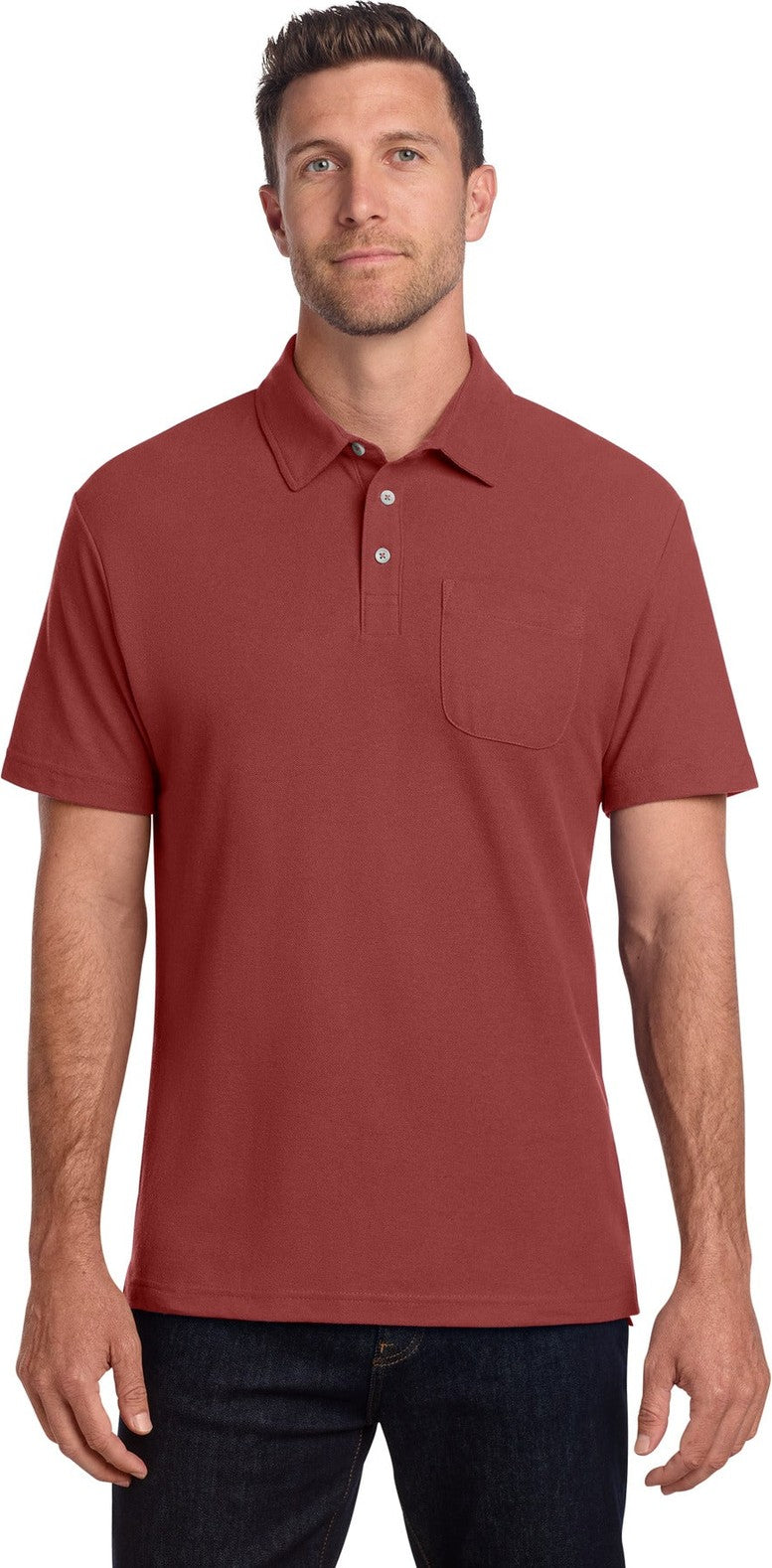 Front View of Garnet Port Authority C-FREE Cotton Blend Pique Pocket Polo K868