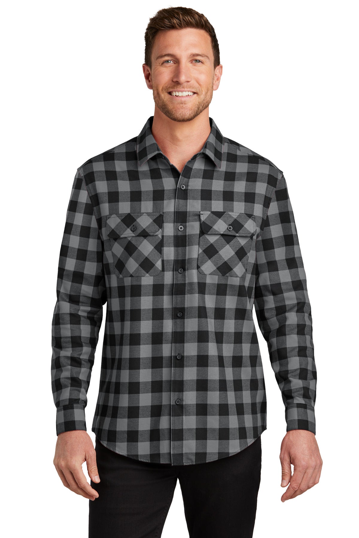 Front View of G/BkBfflCk Port Authority Plaid Flannel Shirt. W668