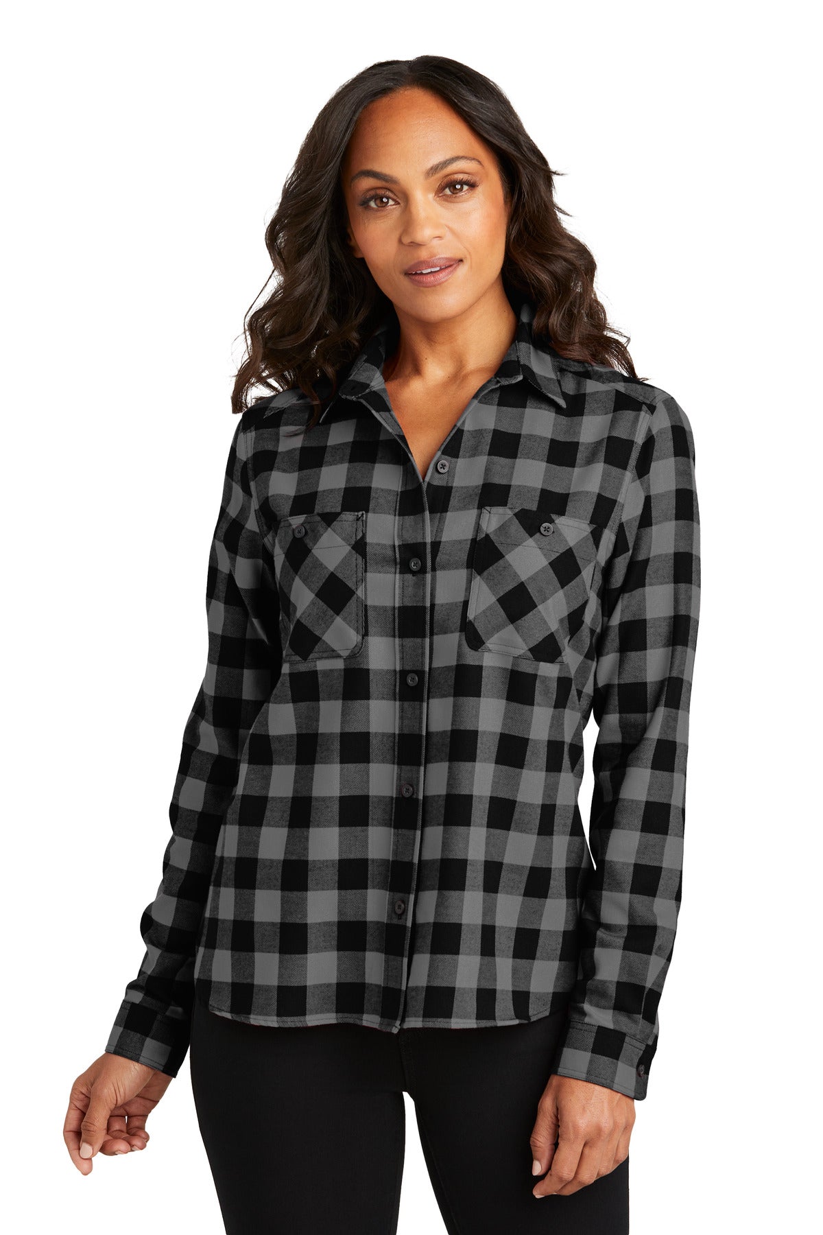 Front View of G/BkBfflCk Port Authority Women's Plaid Flannel Shirt LW669