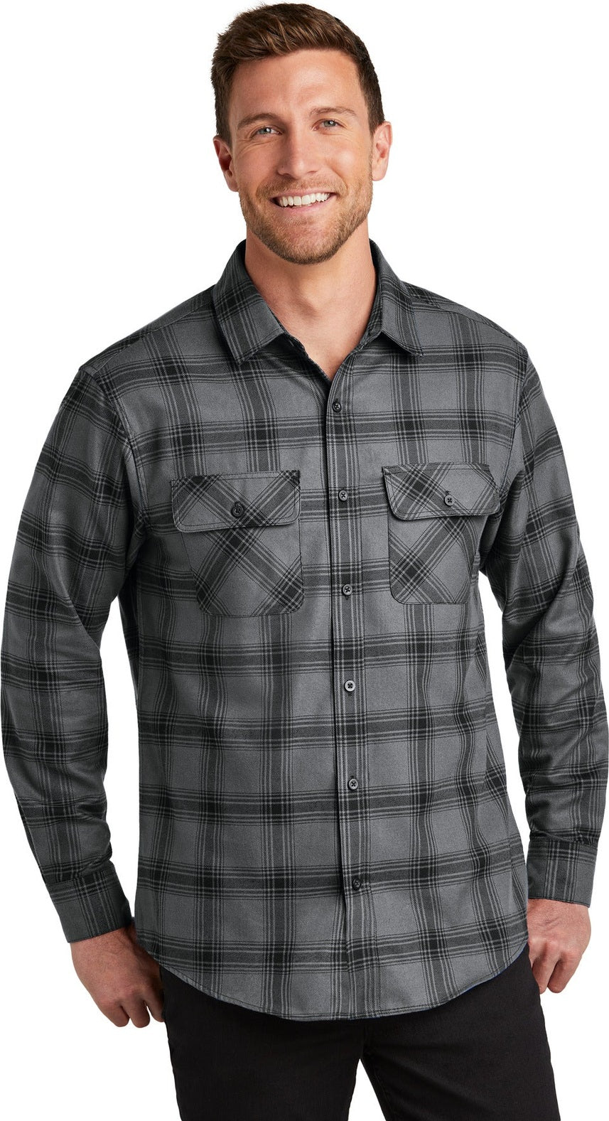 Front View of G/BkOpnPld Port Authority Plaid Flannel Shirt. W668