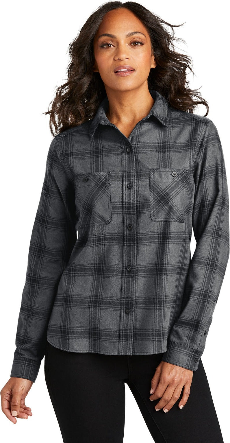 Front View of G/BkOpnPld Port Authority Women's Plaid Flannel Shirt LW669