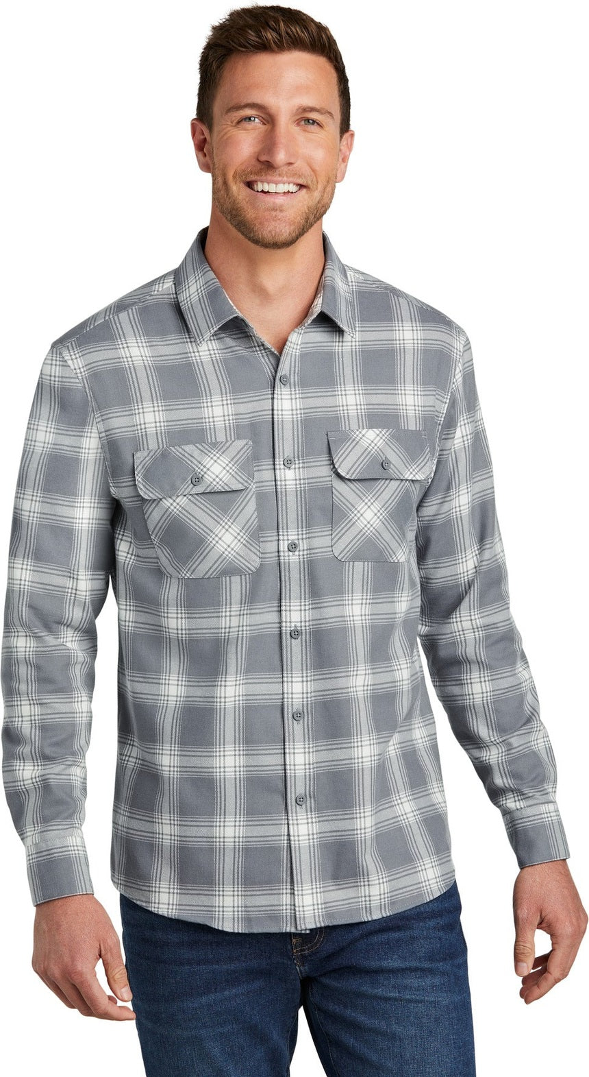 Front View of G/CrOpnPld Port Authority Plaid Flannel Shirt. W668