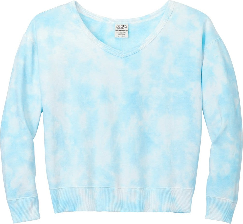 Front View of Glacier Port & Co Women's Beach Wash Cloud Tie-Dye V-Neck Sweatshirt LPC140V