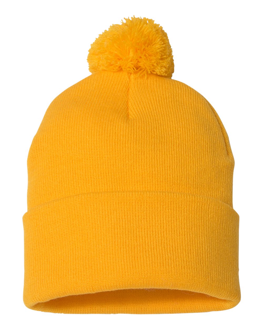 Front View of Gold 12" Pom-Pom Cuffed Beanie - SP15