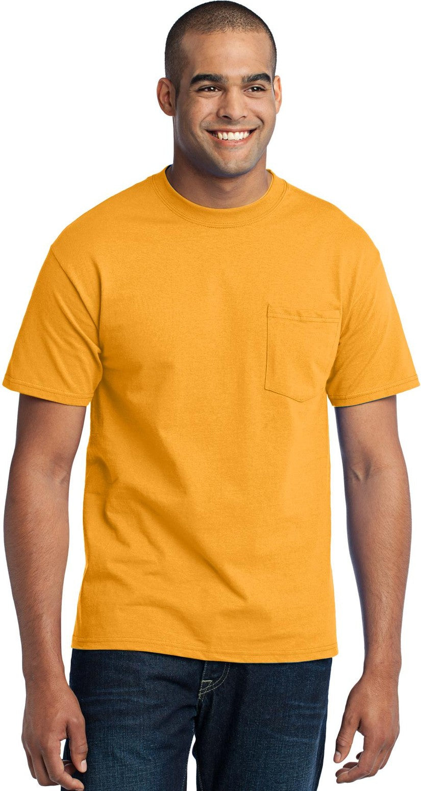 Front View of Gold Port & Co Core Blend Pocket Tee. PC55P