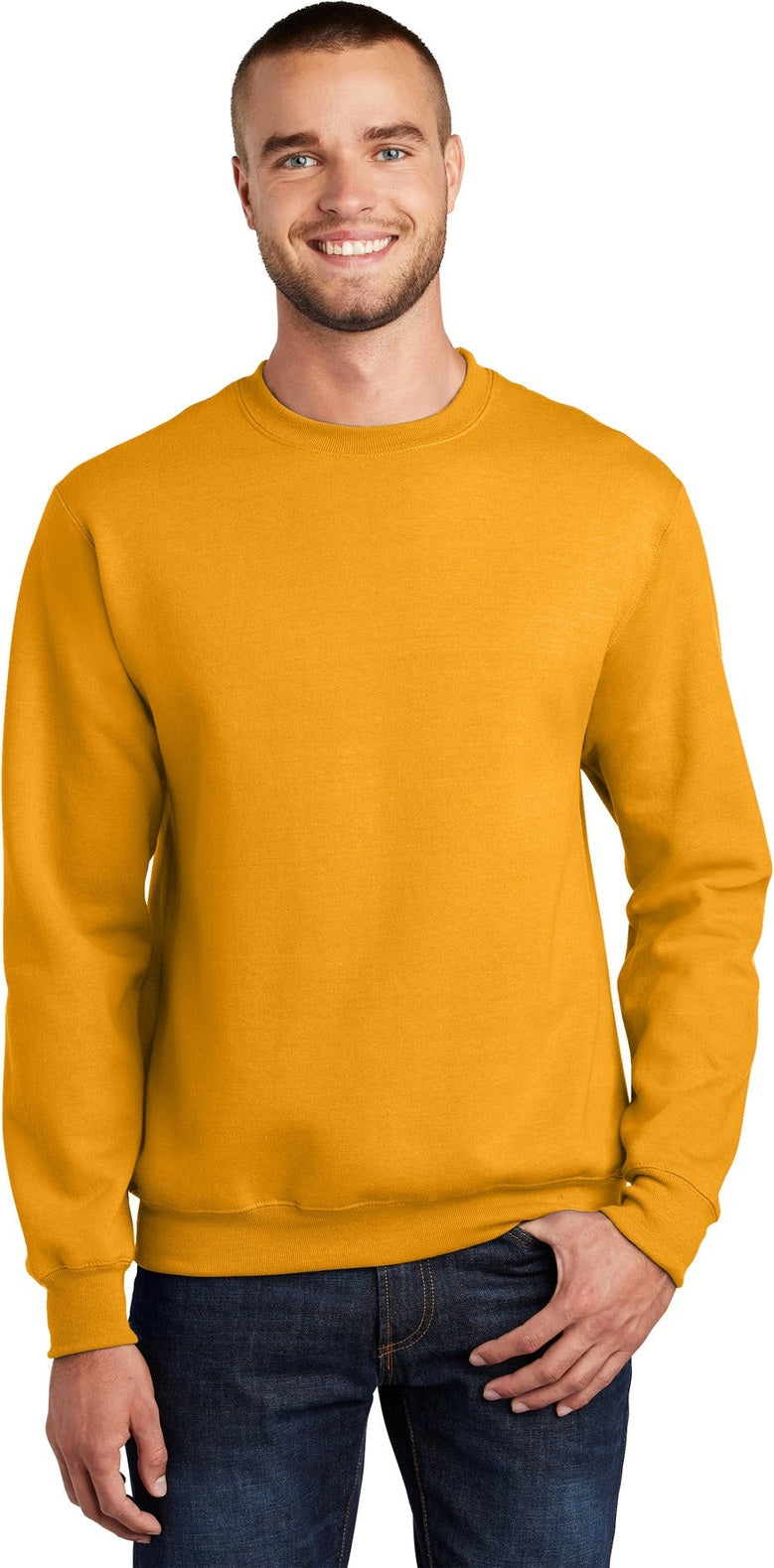 Front View of Gold Port & Co Essential Fleece Crewneck Sweatshirt. PC90