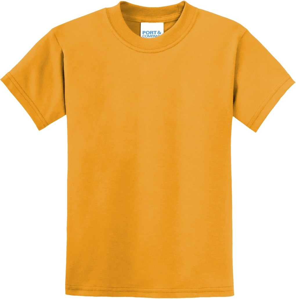 Front View of Gold Port & Co Youth Core Blend Tee. PC55Y