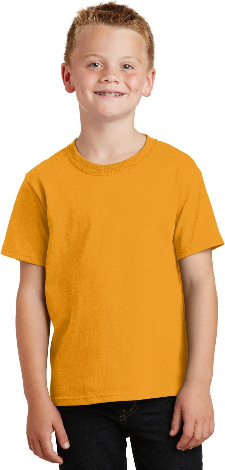 Front View of Gold Port & Co Youth Core Cotton Tee. PC54Y