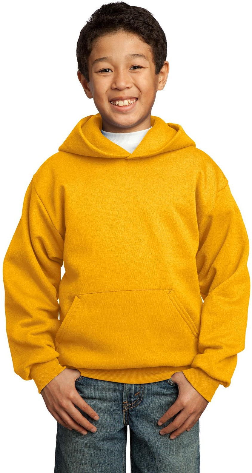 Front View of Gold Port & Co Youth Core Fleece Pullover Hooded Sweatshirt. PC90YH