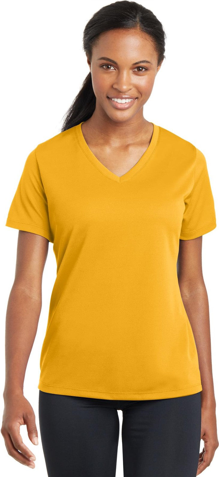 Front View of Gold Sport-Tek Women's PosiCharge RacerMesh V-Neck Tee. LST340