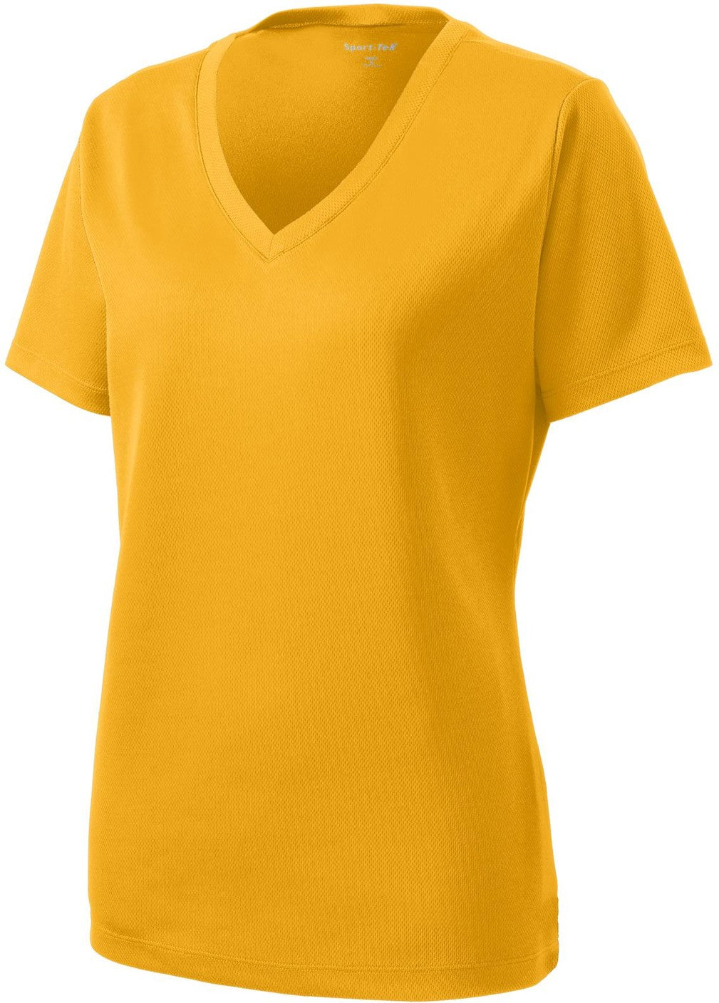 Front View of Gold Sport-Tek Women's PosiCharge RacerMesh V-Neck Tee. LST340