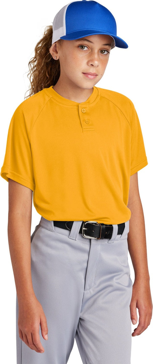 Front View of Gold Sport-Tek Youth PosiCharge Competitor 2-Button Henley YST359