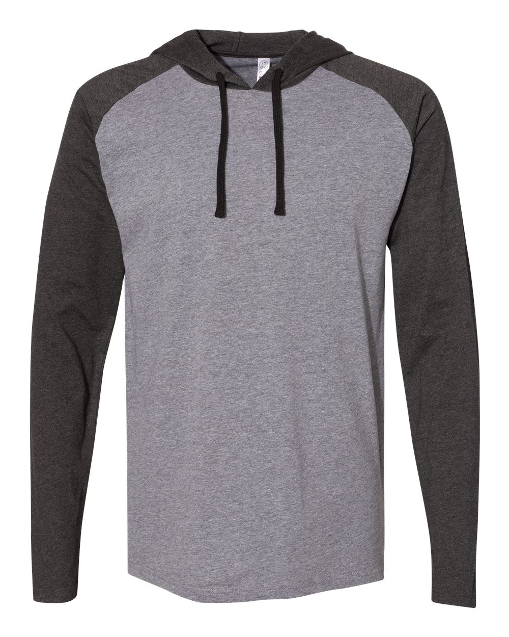 Front View of Granite Heather/ Vintage Smoke/ Black Fine Jersey Hooded Long Sleeve Raglan T-Shirt - 6917