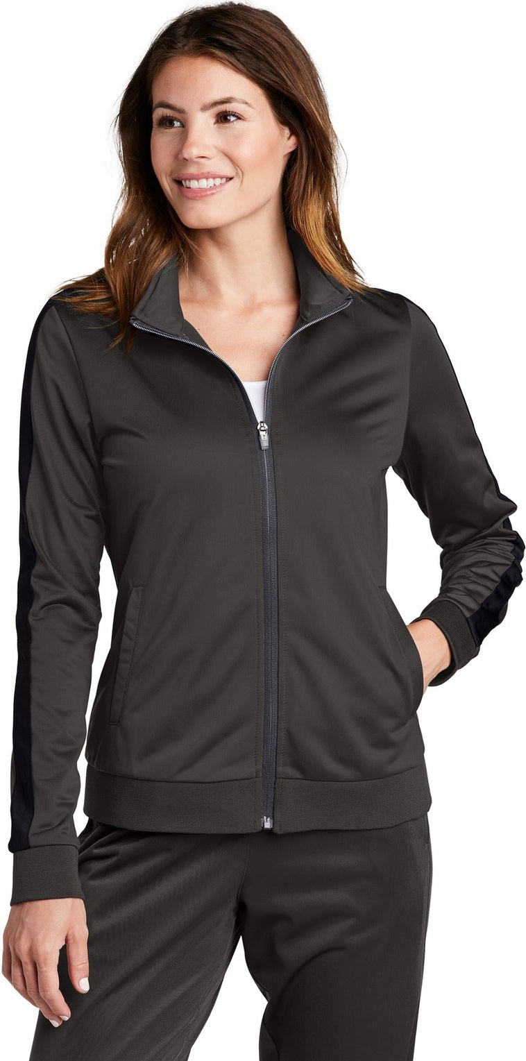 Front View of Graph Grey/Blk Sport-Tek Ladies Tricot Sleeve Stripe Track Jacket. LST94
