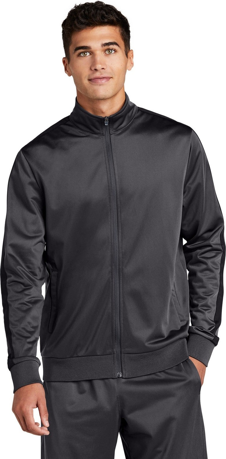 Front View of Graph Grey/Blk Sport-Tek Tricot Sleeve Stripe Track Jacket. JST94