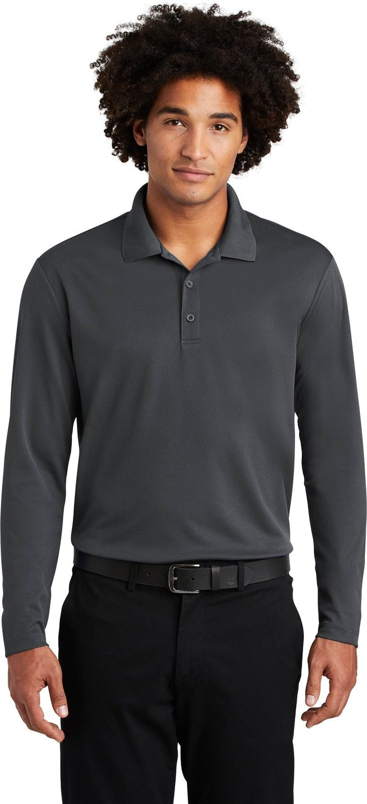 Front View of Graphite Grey Sport-Tek PosiCharge RacerMesh Long Sleeve Polo. ST640LS