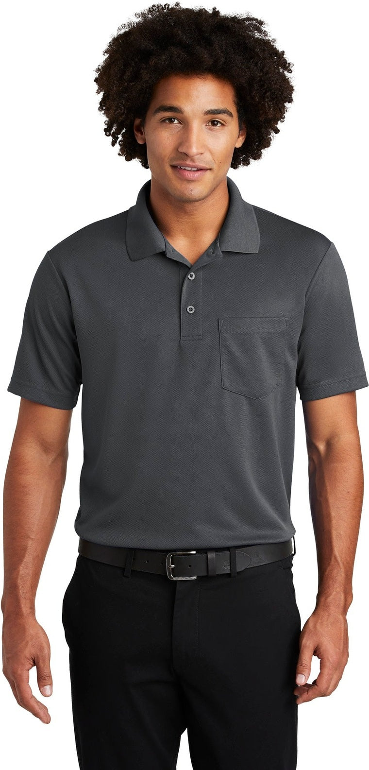 Front View of Graphite Grey Sport-Tek PosiCharge RacerMesh Pocket Polo. ST640P