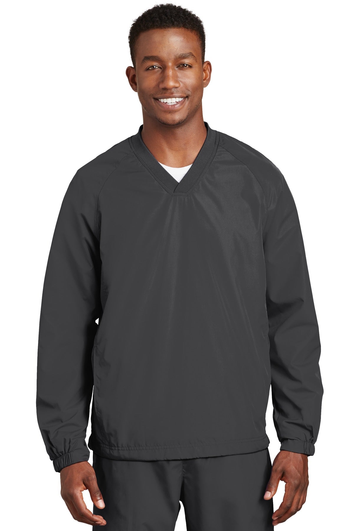 Front View of Graphite Grey Sport-Tek V-Neck Raglan Wind Shirt. JST72