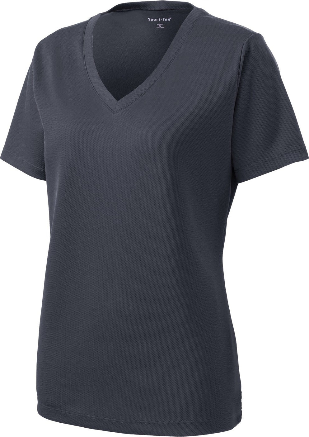 Front View of Graphite Grey Sport-Tek Women's PosiCharge RacerMesh V-Neck Tee. LST340