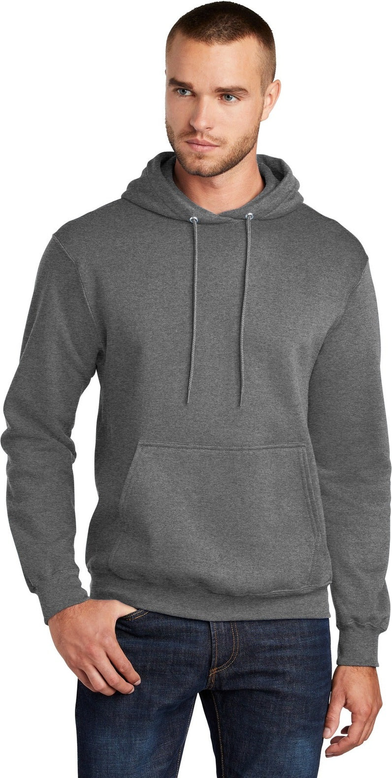 Front View of Graphite Hthr Port & Co Core Fleece Pullover Hooded Sweatshirt. PC78H