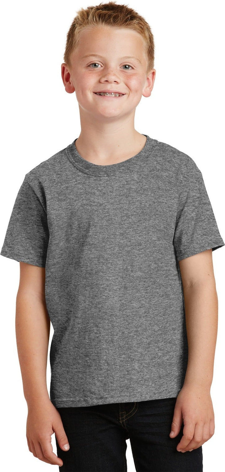 Front View of Graphite Hthr Port & Co Youth Core Cotton Tee. PC54Y