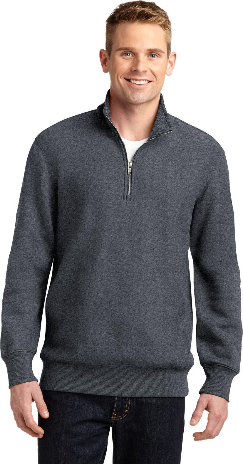Front View of Graphite Hthr Sport-Tek Super Heavyweight 1/4-Zip Pullover Sweatshirt. ST283