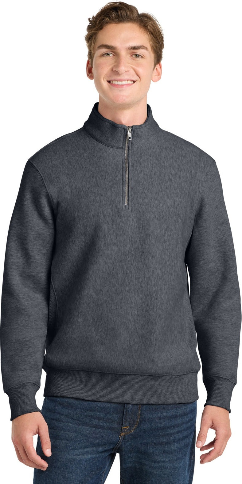 Front View of Graphite Hthr Sport-Tek Super Heavyweight 1/4-Zip Pullover Sweatshirt. ST283