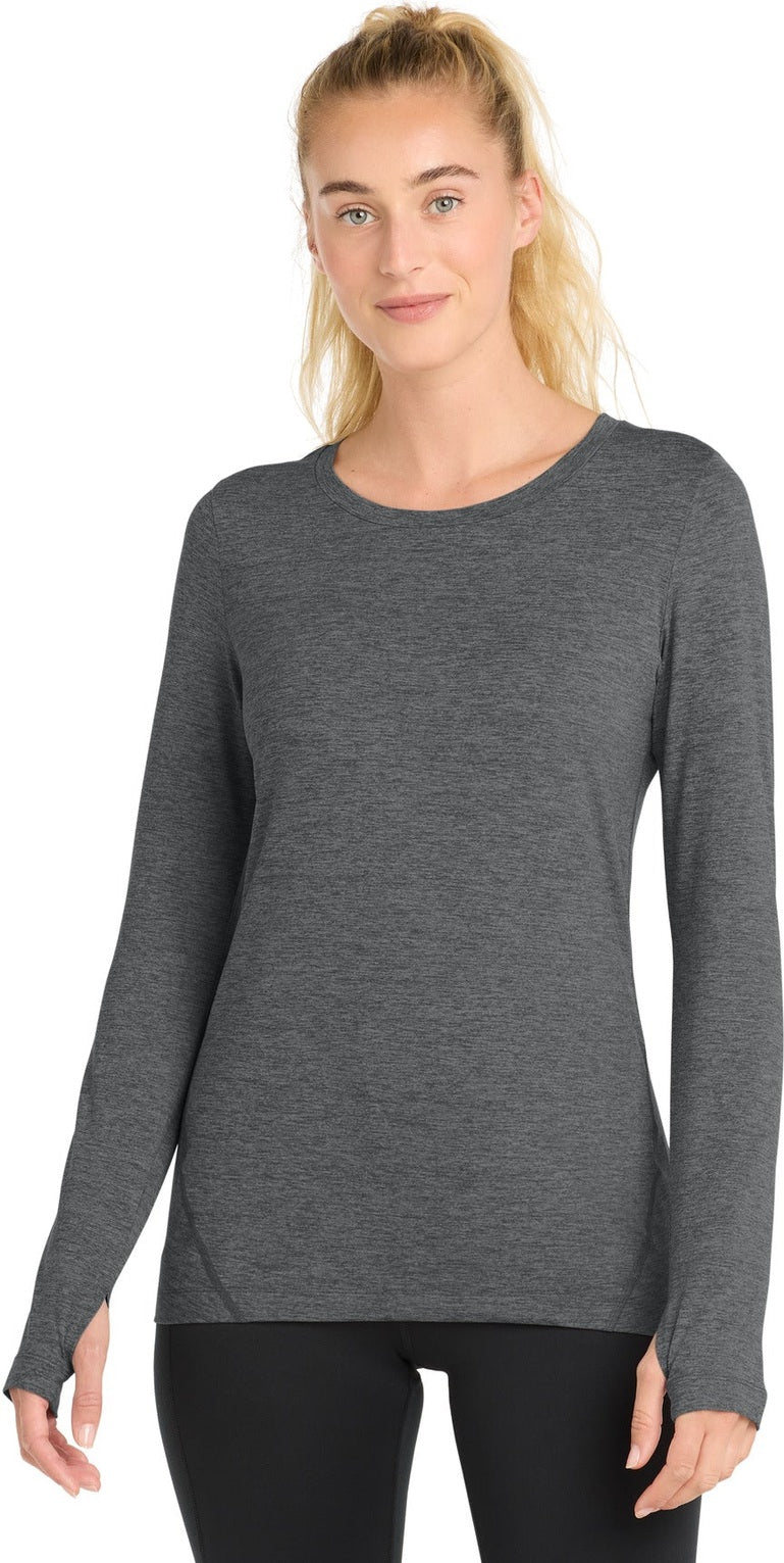 Front View of Graphite Hthr Sport-Tek Women's Exchange 1.5 Long Sleeve Crew LST710