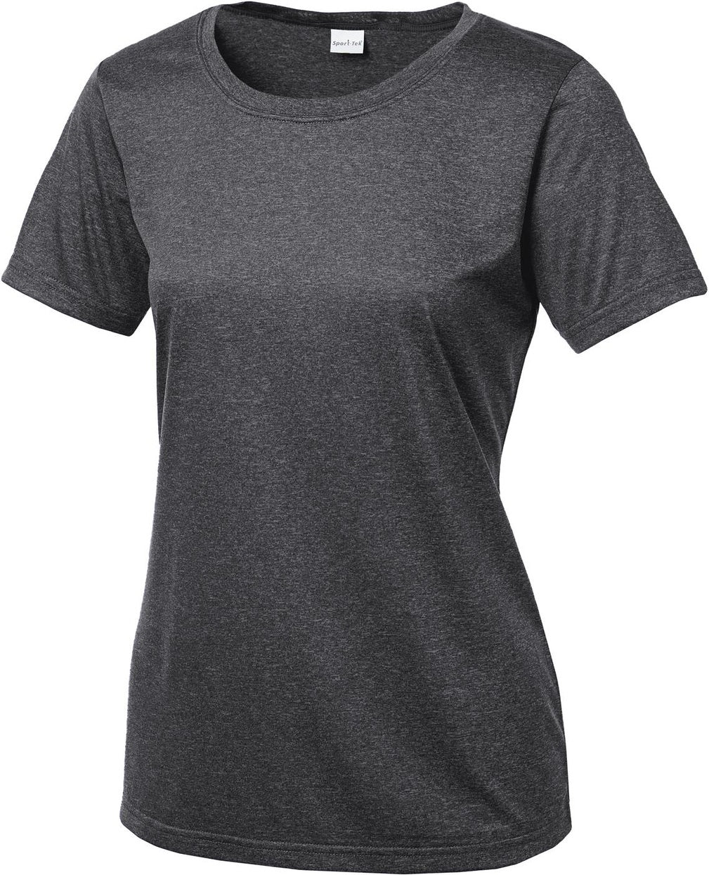 Front View of Graphite Hthr Sport-Tek Women's Heather Contender Scoop Neck Tee. LST360