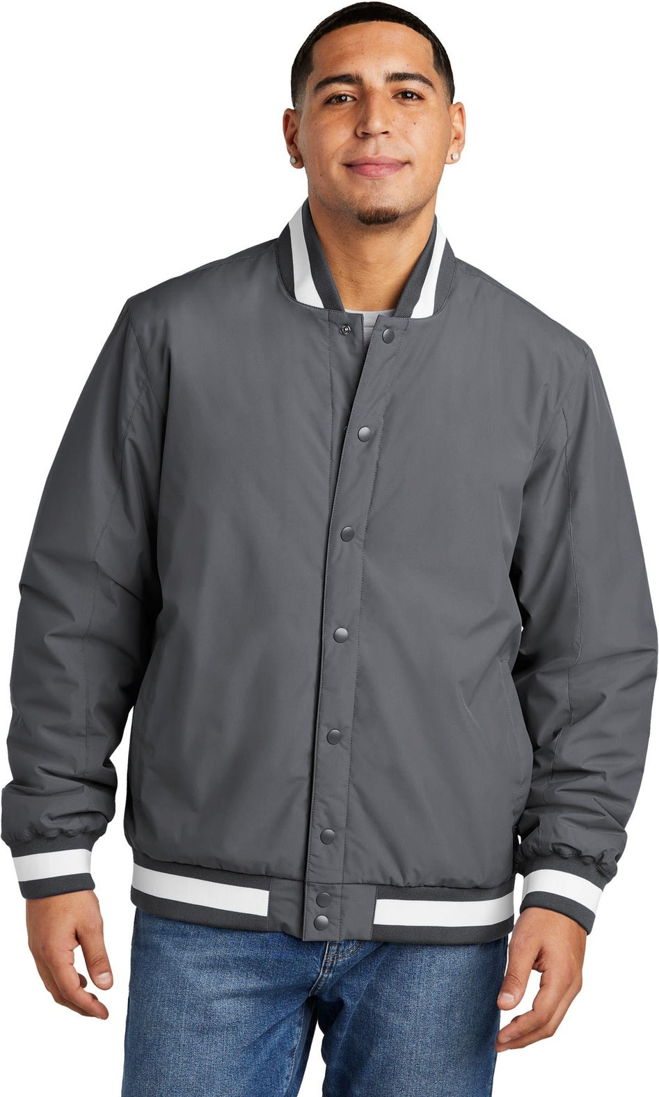 Front View of Graphite Sport-Tek Insulated Varsity Jacket JST58