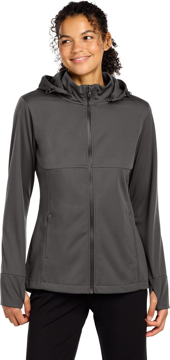 Front View of Graphite Sport-Tek Women's Hooded Soft Shell Jacket LST980