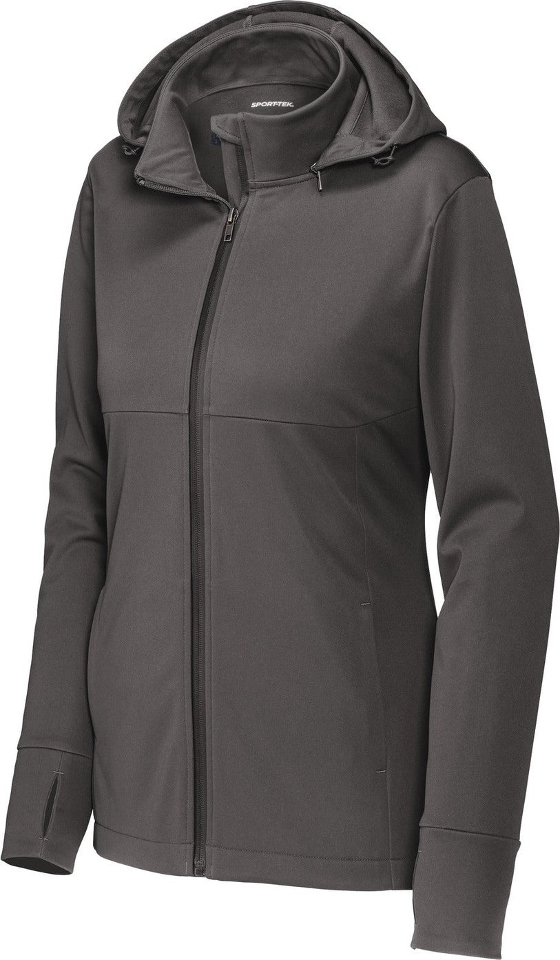 Front View of Graphite Sport-Tek Women's Hooded Soft Shell Jacket LST980