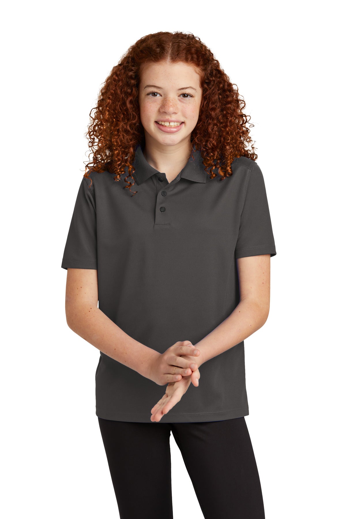 Front View of Graphite Sport-Tek Youth UV Micropique Polo YST740