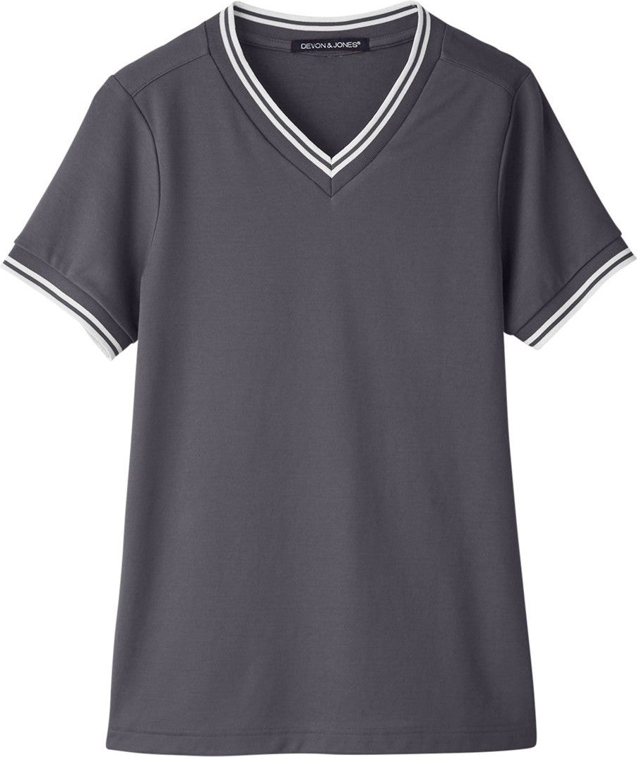 Front View of Graphite/ White Women's CrownLux Performance® Plaited Tipped V-Neck Shirt - DG20CW