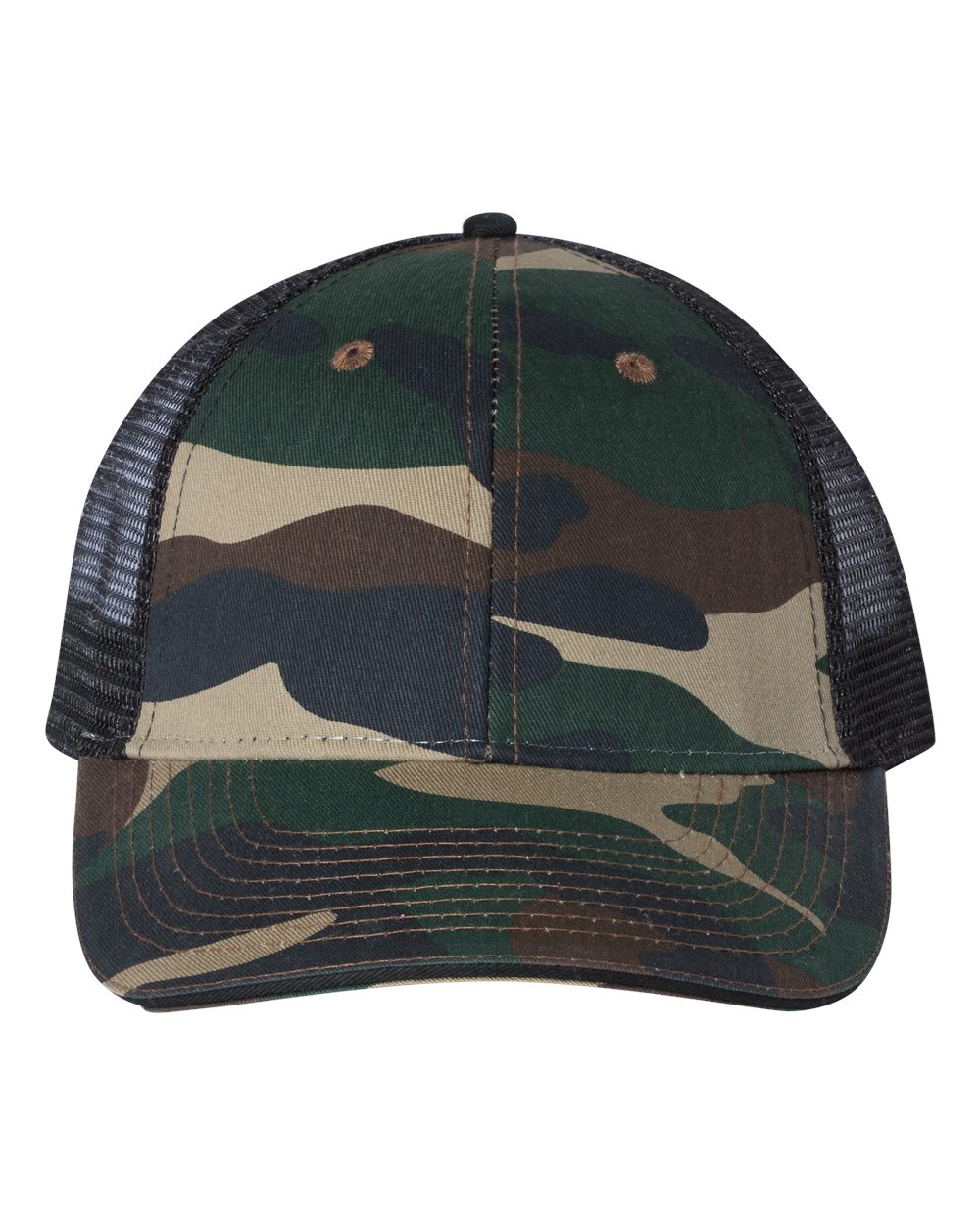 Front View of Green Camo/ Black Sandwich Trucker Cap - S102