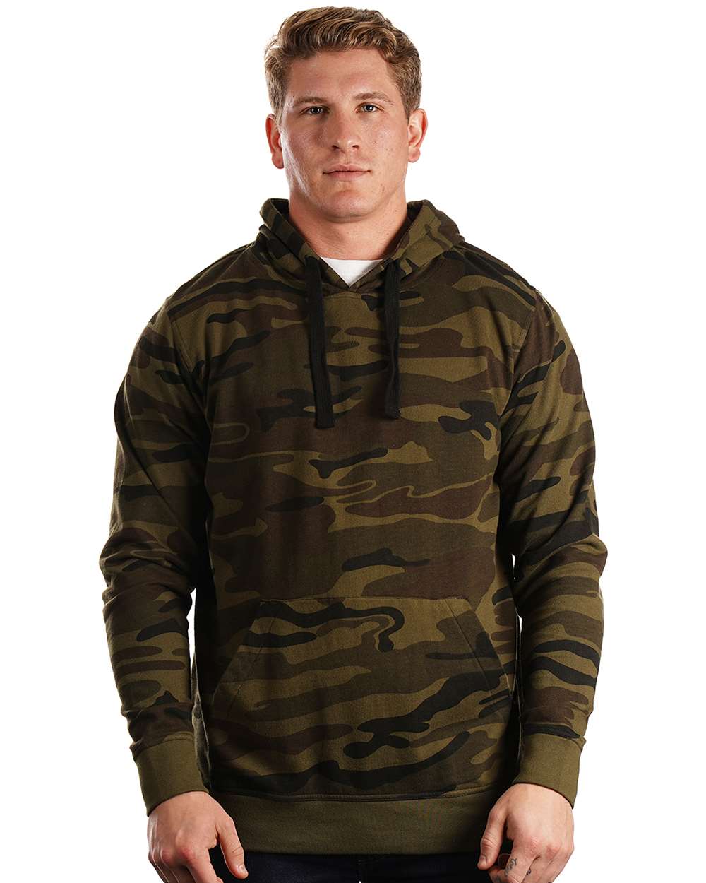 Front View of Green Camo Enzyme-Washed French Terry Hooded Sweatshirt - 8605