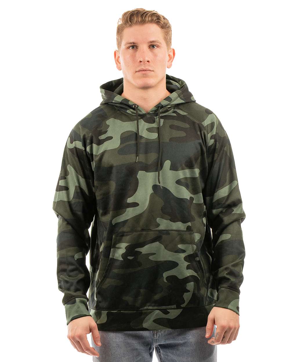 Front View of Green Camo Performance Raglan Pullover Sweatshirt - 8670