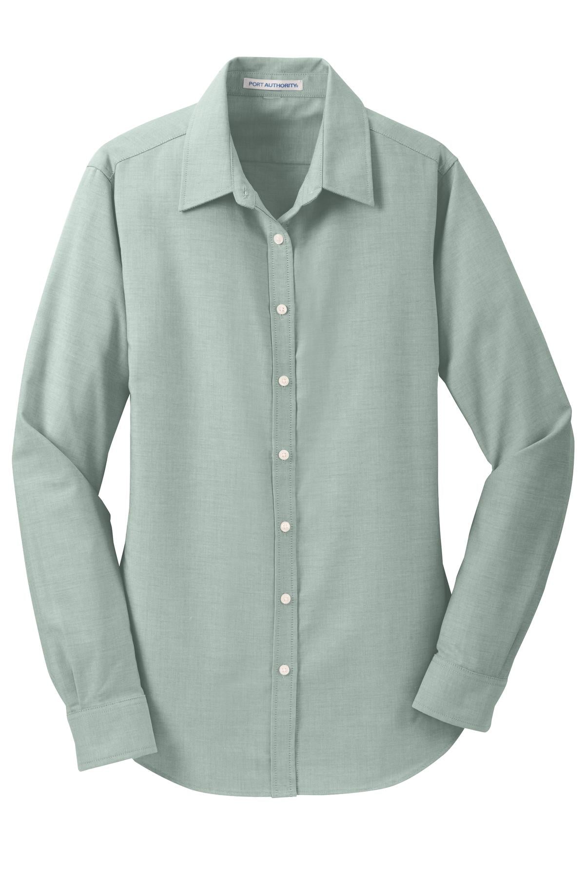 Front View of Green Port Authority Women's SuperPro Oxford Shirt. L658