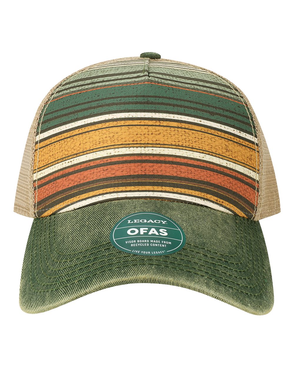 Front View of Green Stripe Old Favorite Five-Panel Trucker Cap - OFAFP