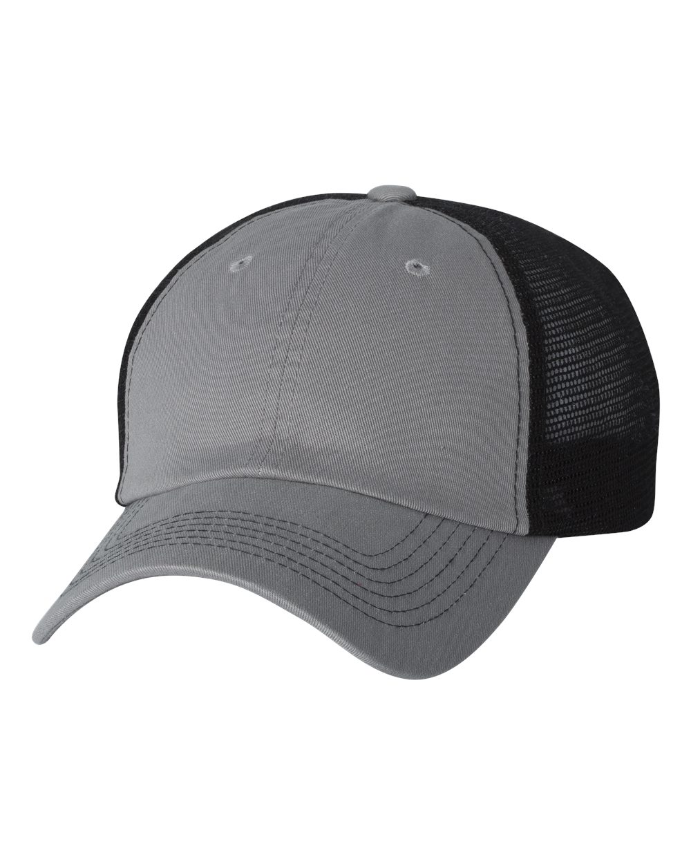 Front View of Grey/ Black Contrast-Stitch Mesh-Back Cap - 3100