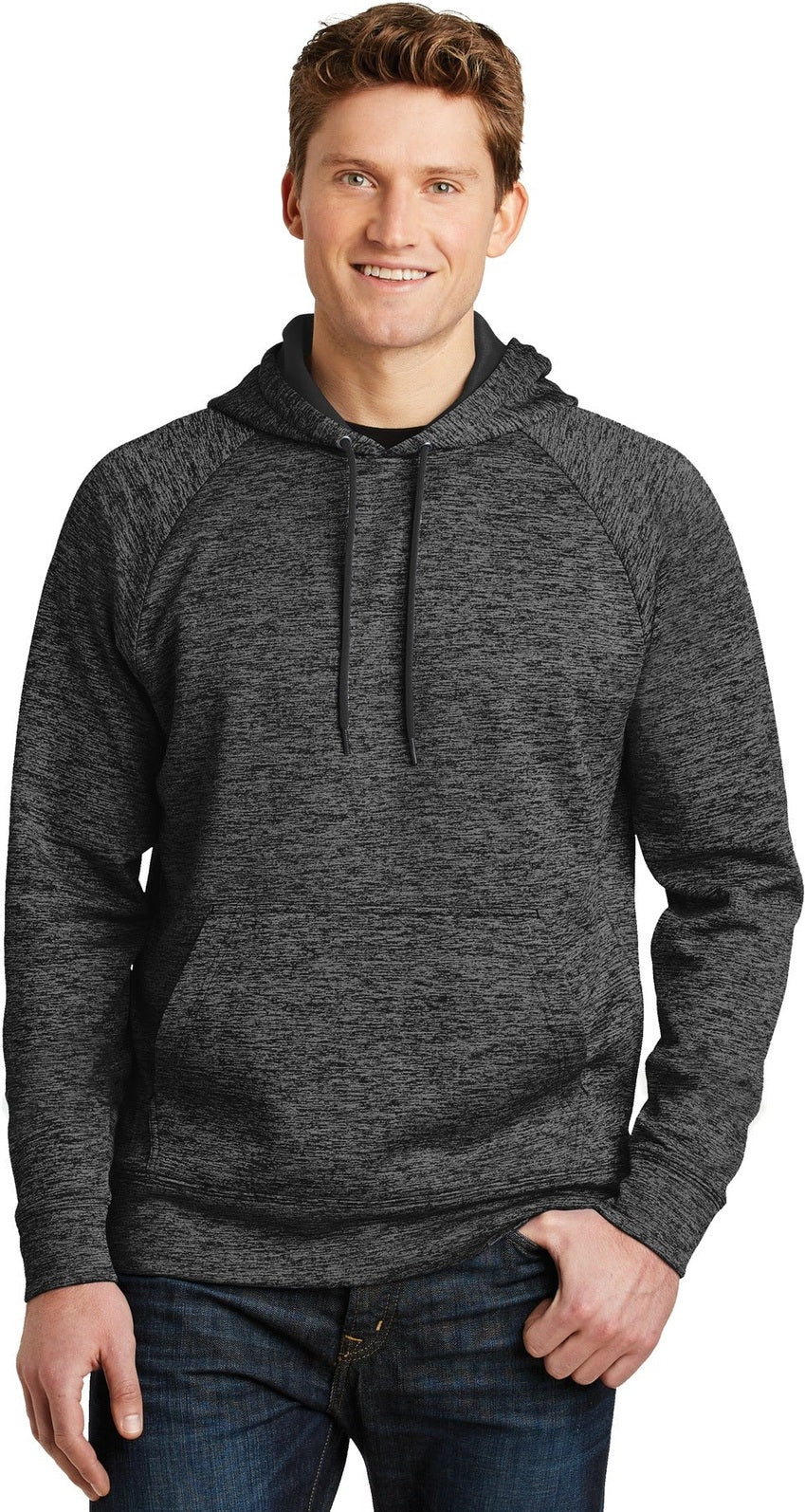 Front View of Grey-Black Ele Sport-Tek PosiCharge Electric Heather Fleece Hooded Pullover. ST225