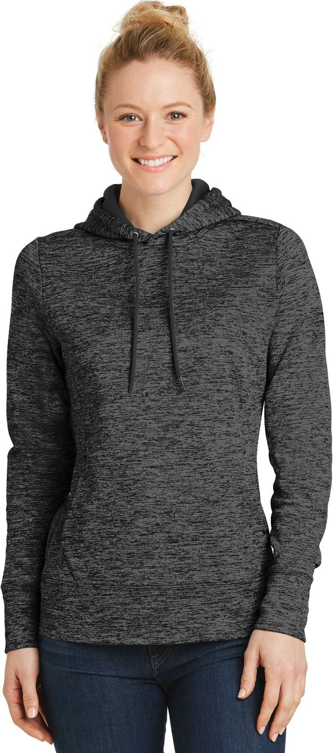 Front View of Grey-Black Ele Sport-Tek Women's PosiCharge Electric Heather Fleece Hooded Pullover. LST225