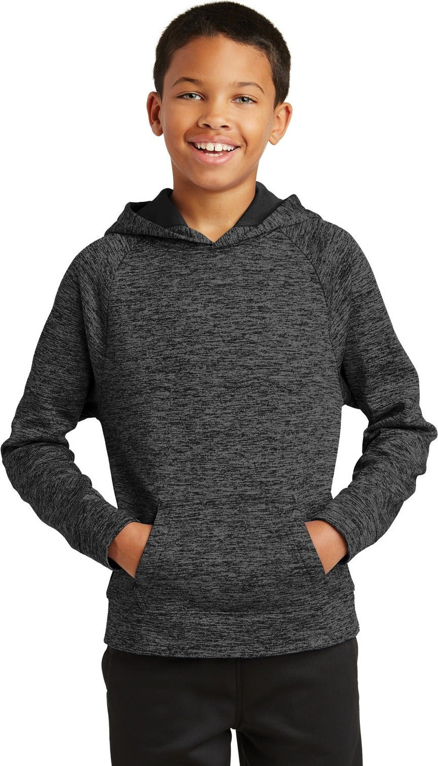 Front View of Grey-Black Ele Sport-Tek Youth PosiCharge Electric Heather Fleece Hooded Pullover. YST225