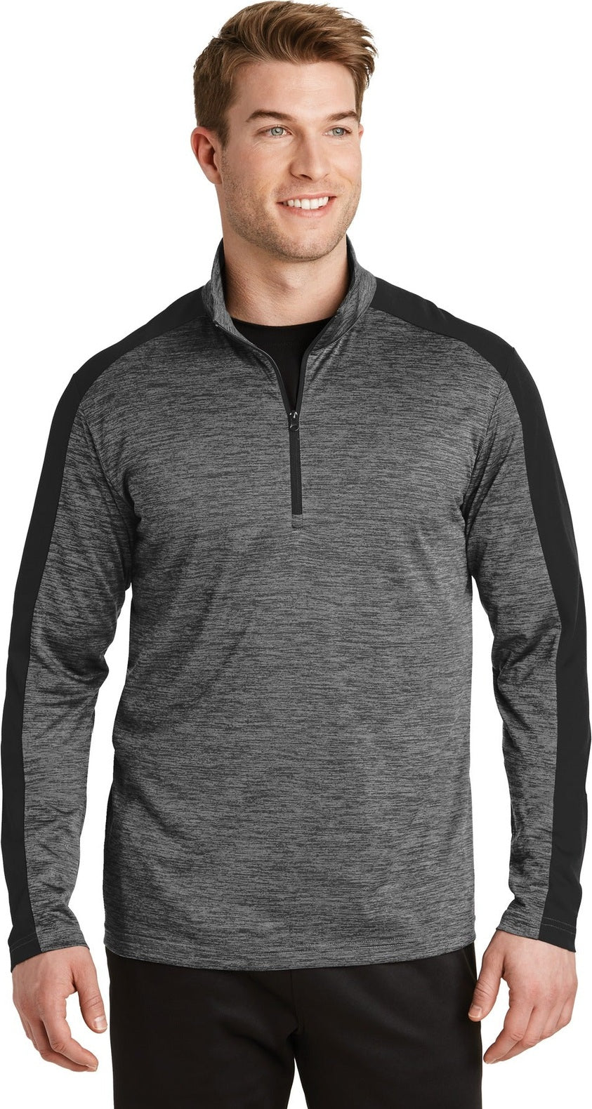 Front View of Grey-Blk E/Blk Sport-Tek PosiCharge Electric Heather Colorblock 1/4-Zip Pullover. ST397