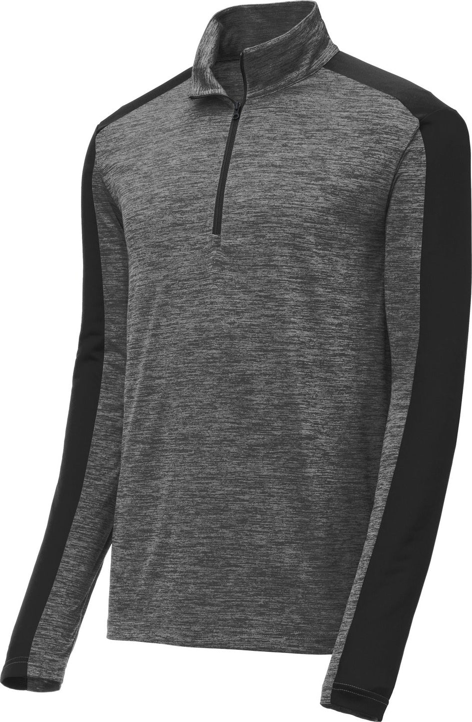 Front View of Grey-Blk E/Blk Sport-Tek PosiCharge Electric Heather Colorblock 1/4-Zip Pullover. ST397