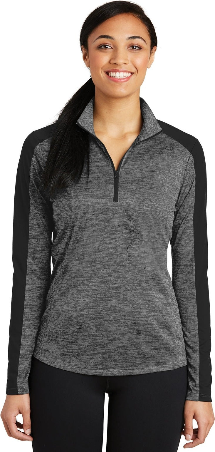 Front View of Grey-Blk E/Blk Sport-Tek Women's PosiCharge Electric Heather Colorblock 1/4-Zip Pullover. LST397