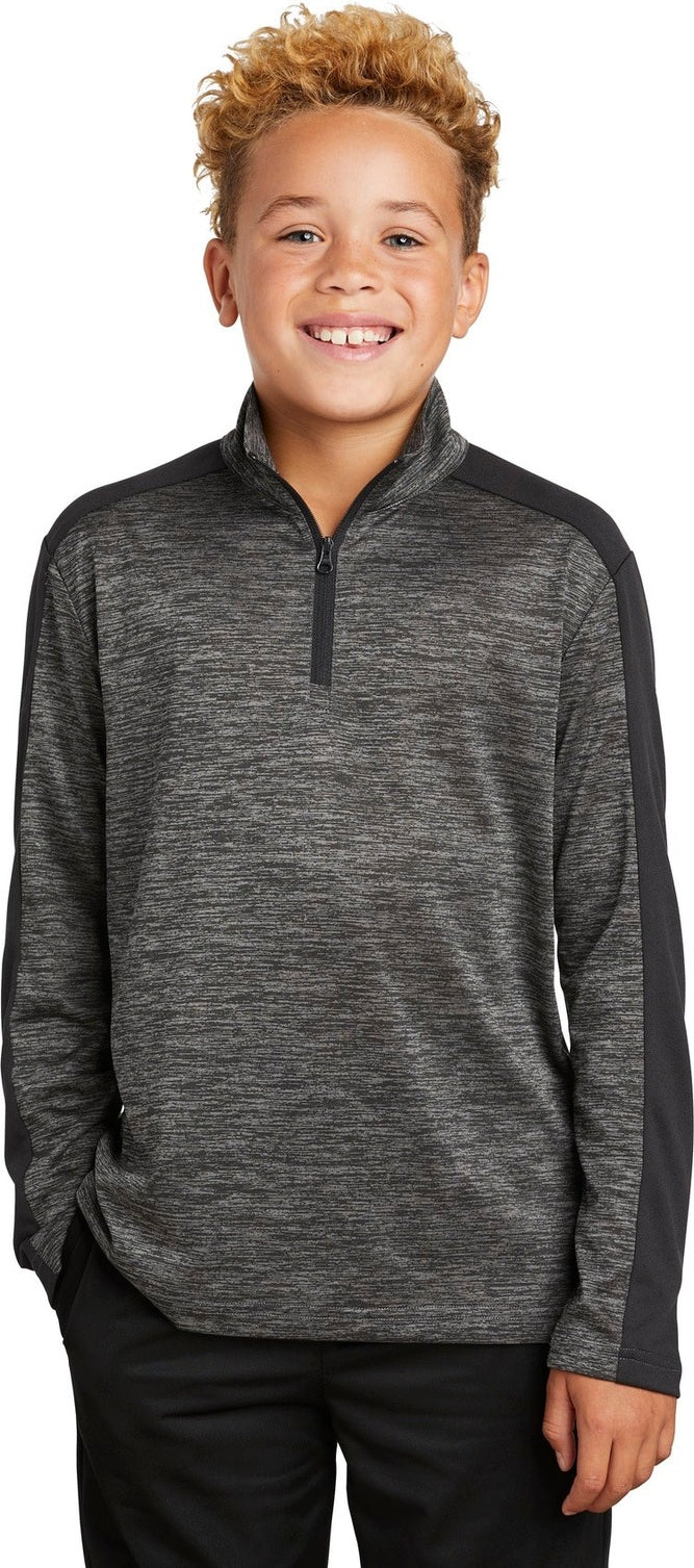 Front View of Grey-Blk E/Blk Sport-Tek Youth PosiCharge Electric Heather Colorblock 1/4-Zip Pullover. YST397