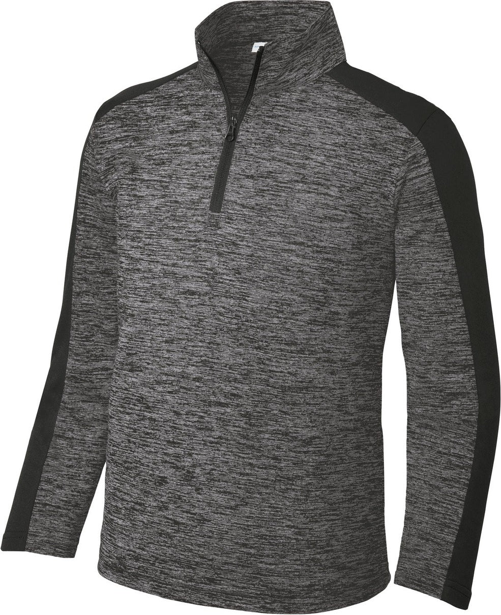 Front View of Grey-Blk E/Blk Sport-Tek Youth PosiCharge Electric Heather Colorblock 1/4-Zip Pullover. YST397